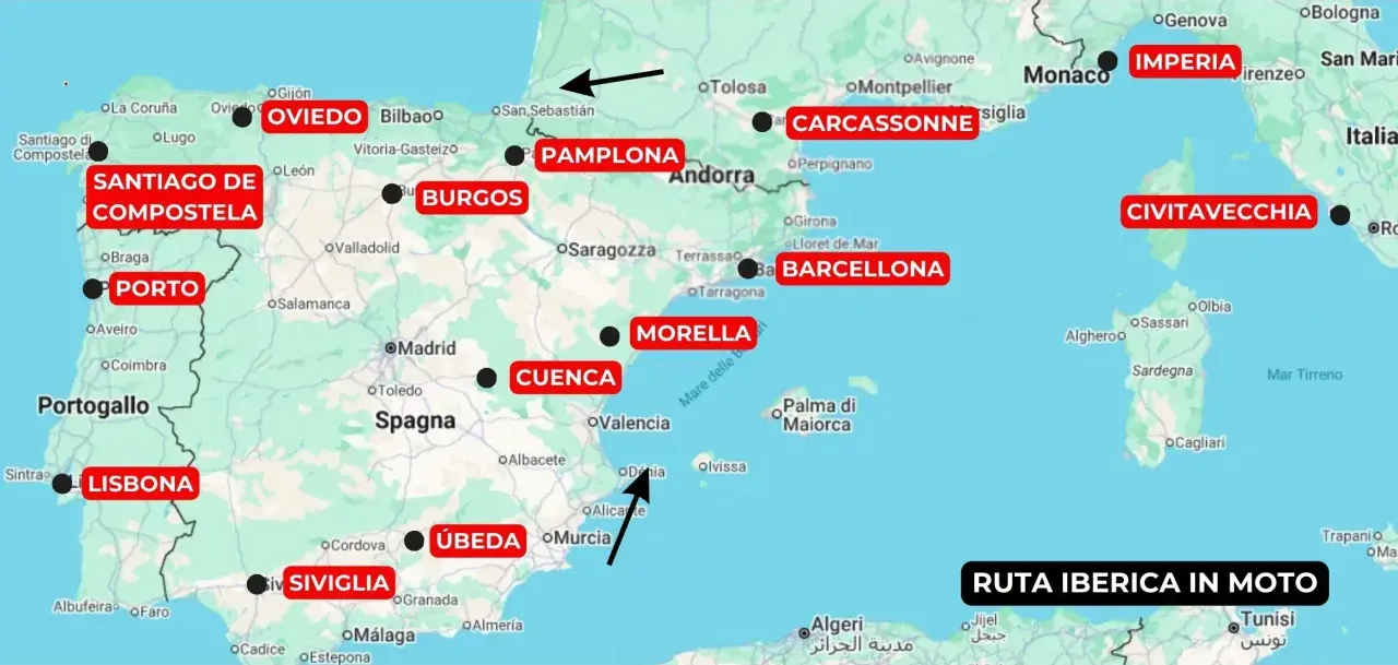Mappa di un itinerario "Spagna in moto 10 giorni" con tappe da Lisbona a Siviglia, passando per Oviedo, Burgos, Pamplona, Barcellona, Morella, Cuenca e Úbeda.