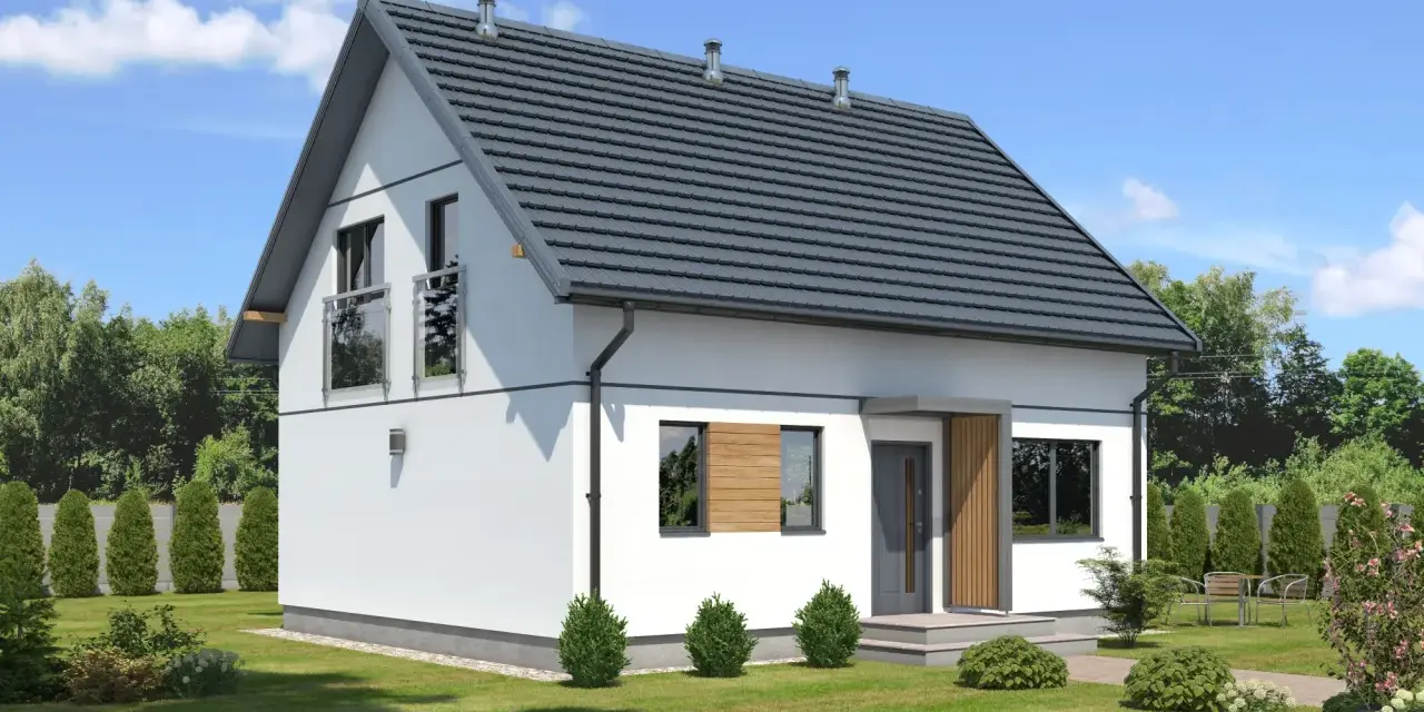 Nowoczesny dom modułowy 70m2, biały, z szarym dachem, balkonem i ogrodem.