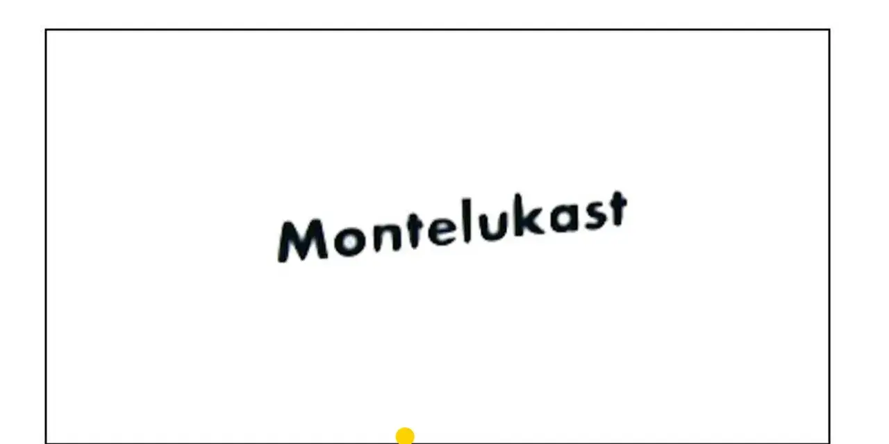 Napis "Montelukast" na białym tle. Mały żółty punkcik pod napisem.