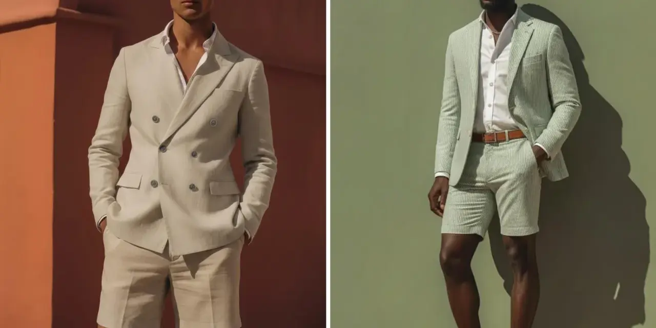 Uomo elegante in abito con bermuda color sabbia e uomo con completo a righe verdi e bermuda, entrambi con occhiali da sole.