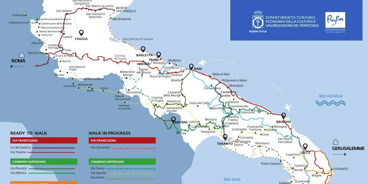 Carte des étapes de la Via Francigena et autres chemins de randonnée en Pouilles.