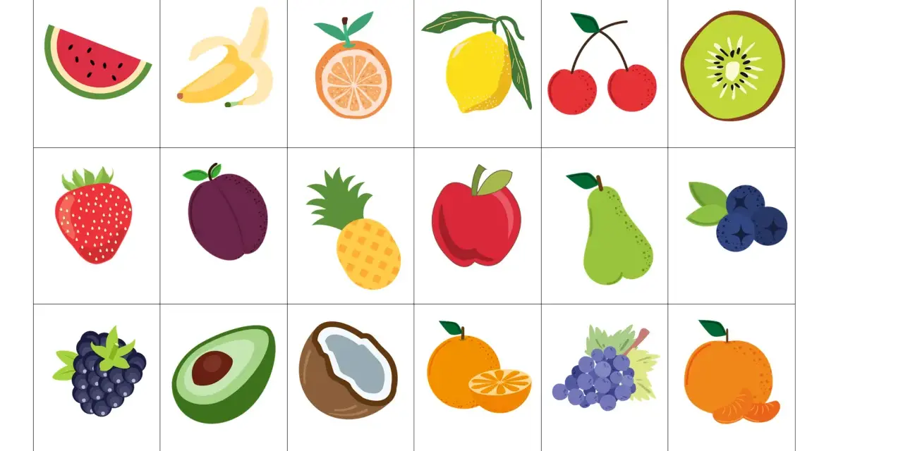 Kolorowe owoce karty pracy do druku: arbuz, banan, pomarańcza, cytryna, wiśnie, kiwi, truskawka, śliwka, ananas, jabłko, gruszka, borówki, jeżyna, awokado, kokos, mandarynka, winogrona.