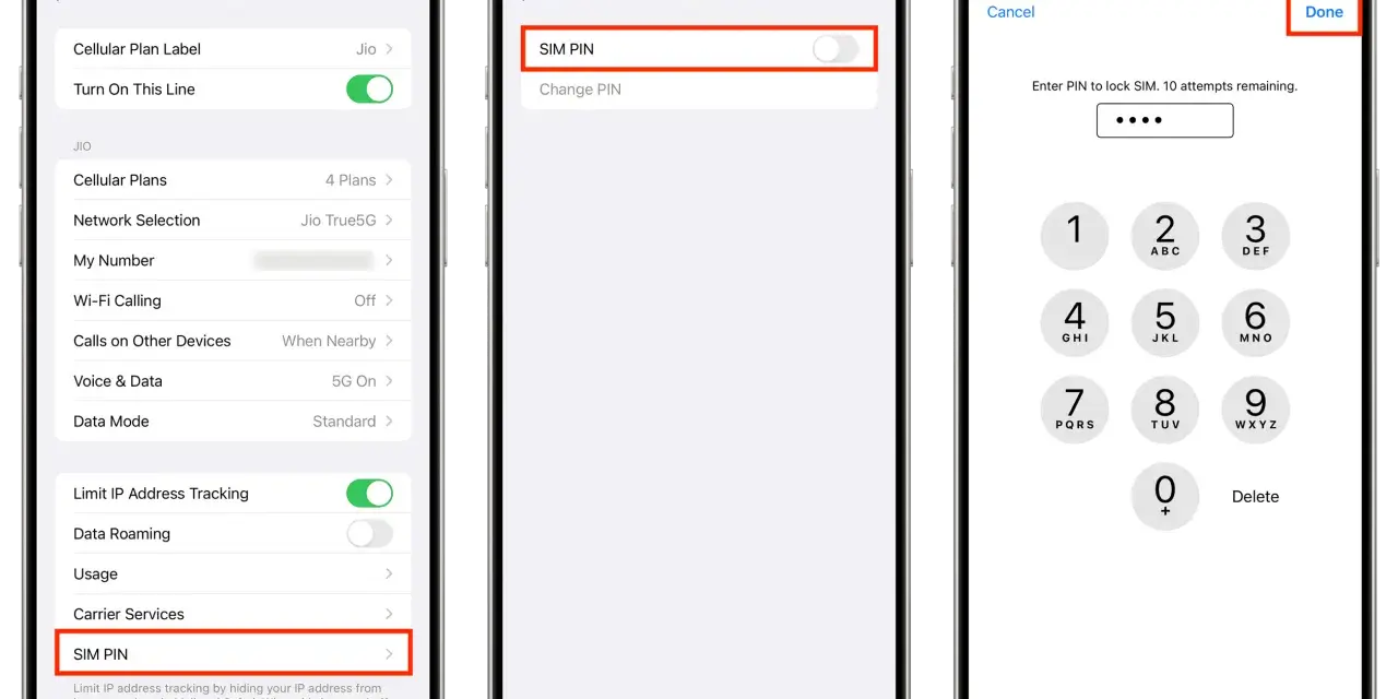 Three iPhone screens showing steps to disable SIM PIN: cellular settings, SIM PIN toggle, and PIN entry.