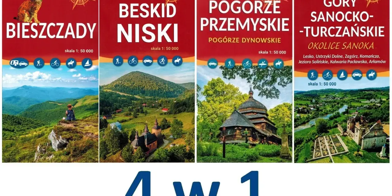 Cztery okładki map turystycznych: Bieszczady, Beskid Niski, Pogórze Przemyskie, Góry Sanocko-Turczańskie.