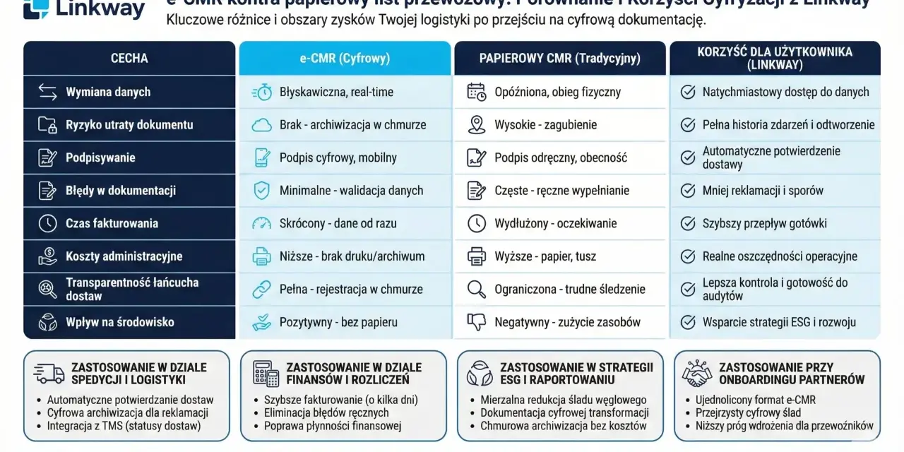 Porównanie e-CMR i papierowego listu przewozowego. Cyfrowy dokument usprawnia wymianę danych, minimalizuje ryzyko utraty i błędy, a jego wzór wypełnienia jest prostszy.
