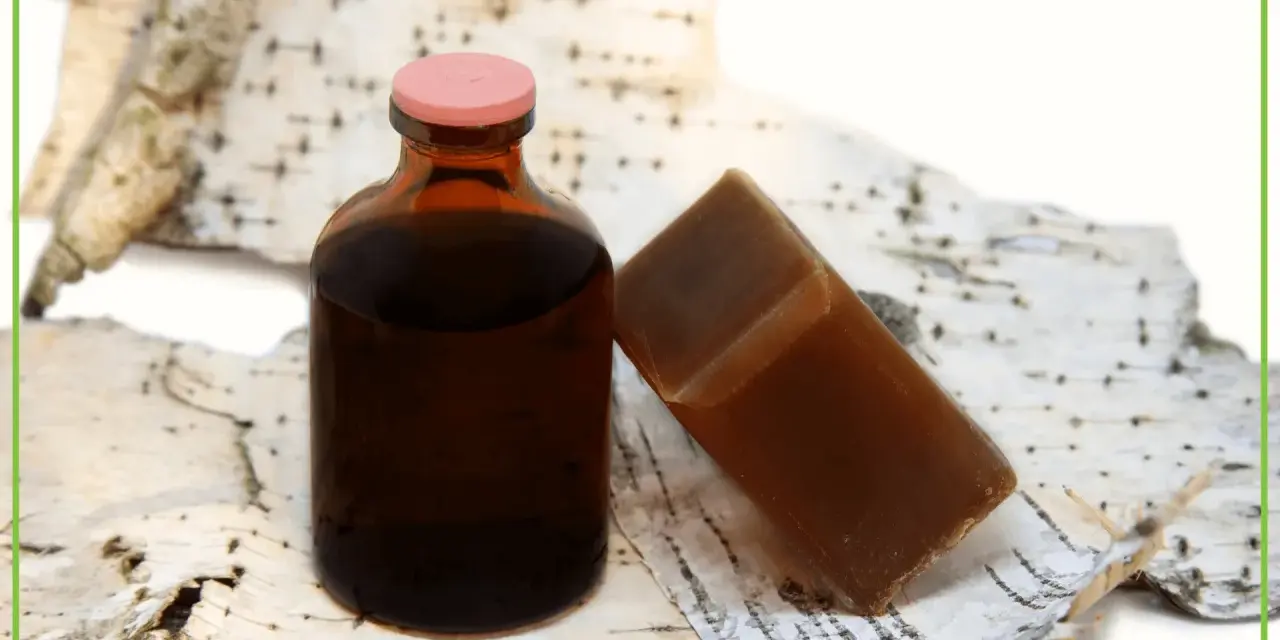 Brązowa buteleczka z płynem i kostka mydła na tle kory brzozowej. To naturalne produkty, a dziegieć co to? To właśnie taki ciemny, aromatyczny produkt.