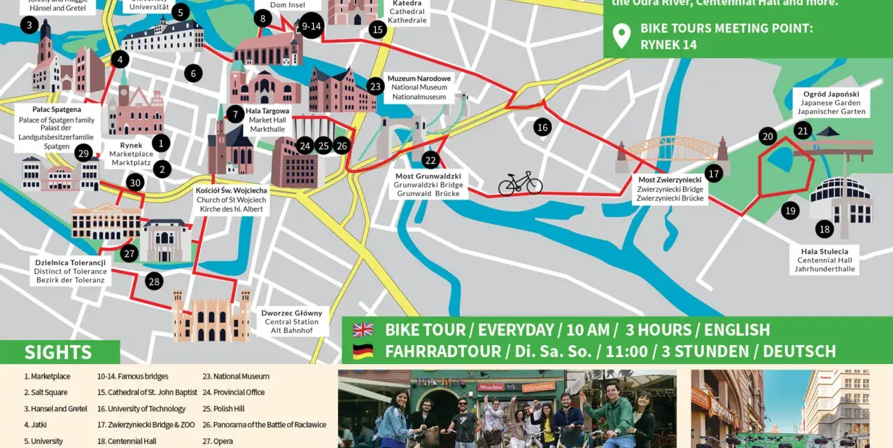 Mapa rowerowa Wrocławia z zaznaczonymi atrakcjami, w tym Rynkiem, Ostrowem Tumskim i Mostem Zwierzynieckim. Idealna do odkrywania wrocławskich atrakcji.