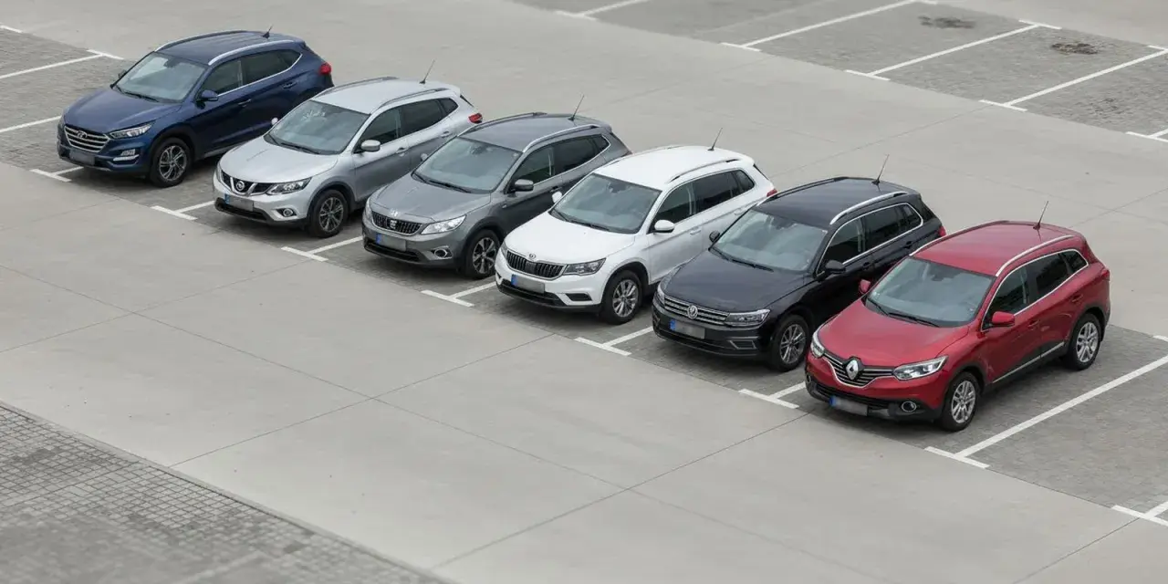 Rząd siedmiu SUV-ów zaparkowanych na placu.