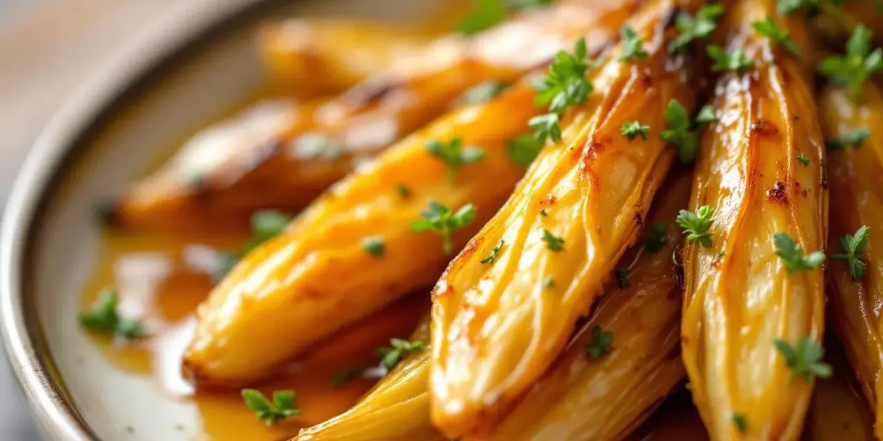 Endives caramélisées à la poêle, nappées d'une sauce dorée et parsemées de persil frais. Un délice fondant.