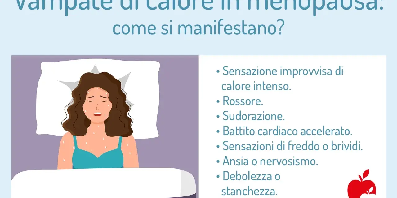 Donna a letto con sudorazione e rossore, sintomi delle vampate di calore in menopausa: calore intenso, battito accelerato, brividi, ansia, stanchezza.