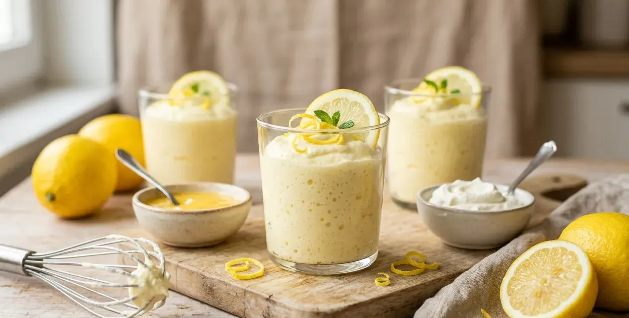 Trois verres de mousse au citron, décorés de rondelles de citron et de menthe. Des citrons frais et des ingrédients pour la préparation sont disposés autour.