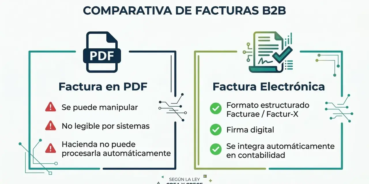 Comparativa de facturas B2B: PDF manipulable vs. facturación electrónica estructurada, con firma digital e integración contable automática.