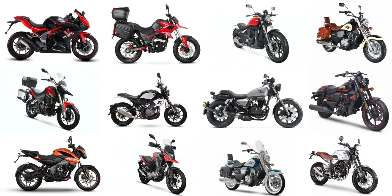 Kolekcja różnorodnych chińskich motocykli: sportowe, turystyczne, klasyczne i terenowe.