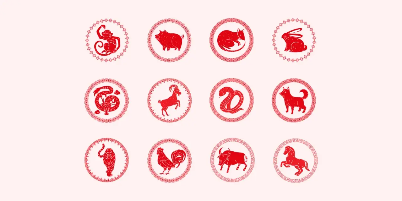 Czerwone, stylizowane sylwetki zwierząt chińskiego zodiaku, w tym małpa, świnia, królik, smok, pies, tygrys, kogut, wół i koń. Rok 1985 był Rokiem Wołu.