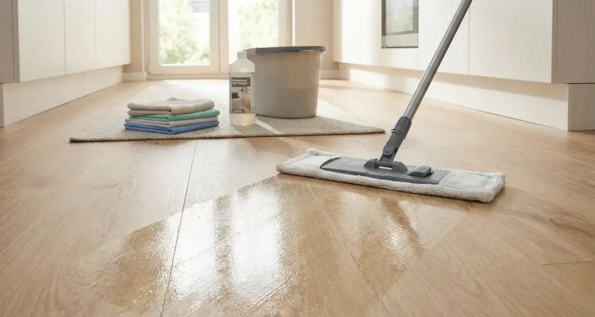 Ein Mopp wischt über einen glänzenden Holzboden. Reinigungsmittel und Tücher liegen bereit, um den **Vinylboden zu reinigen**.