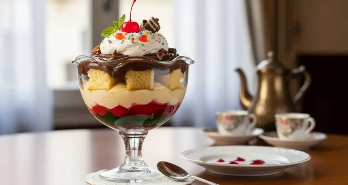 Deliziosa zuppa inglese ricetta in coppa: pan di spagna, crema, frutta candita e panna montata con ciliegina.