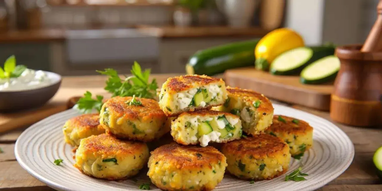 Goldbraune zucchini frikadellen mit frischen Kräutern und Feta, auf einem Teller angerichtet. Daneben ein Dip und Zucchini.