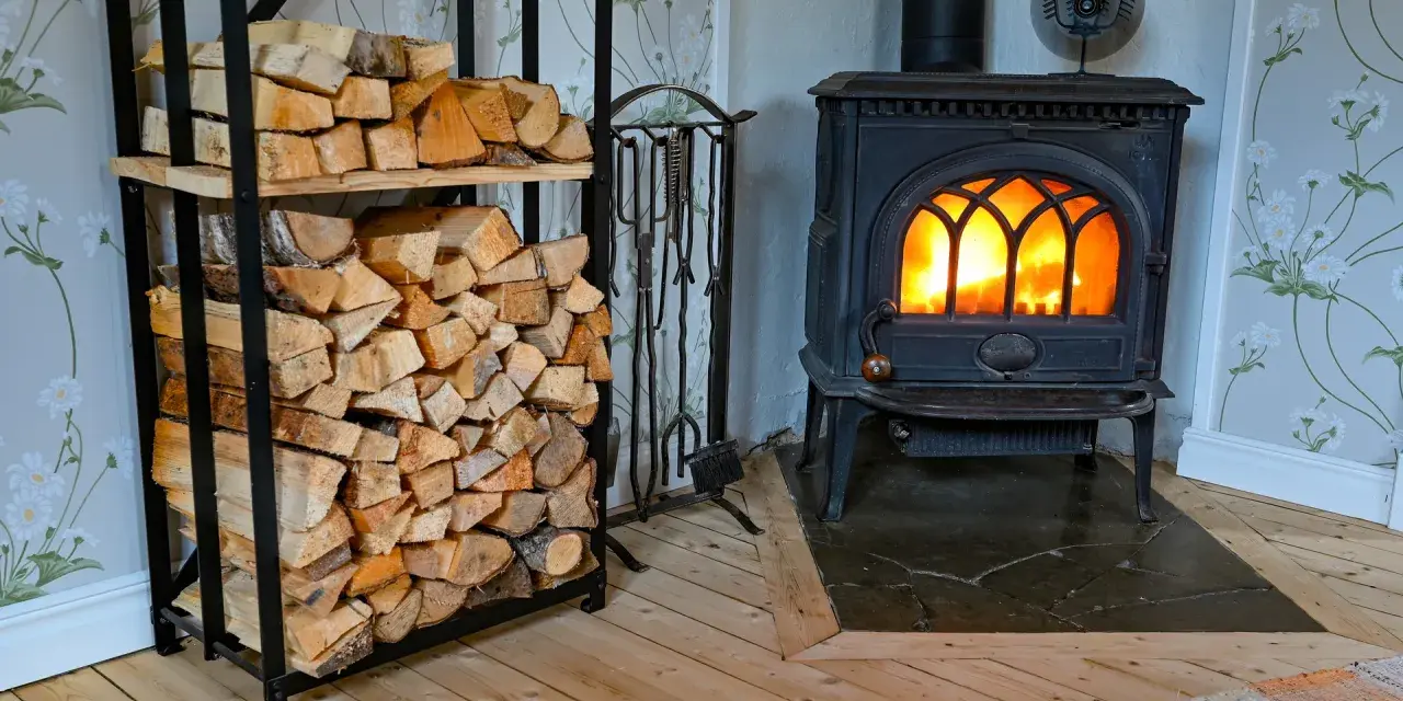 En kamin med glödande eld och en vedstapel redo för att installera kamin.