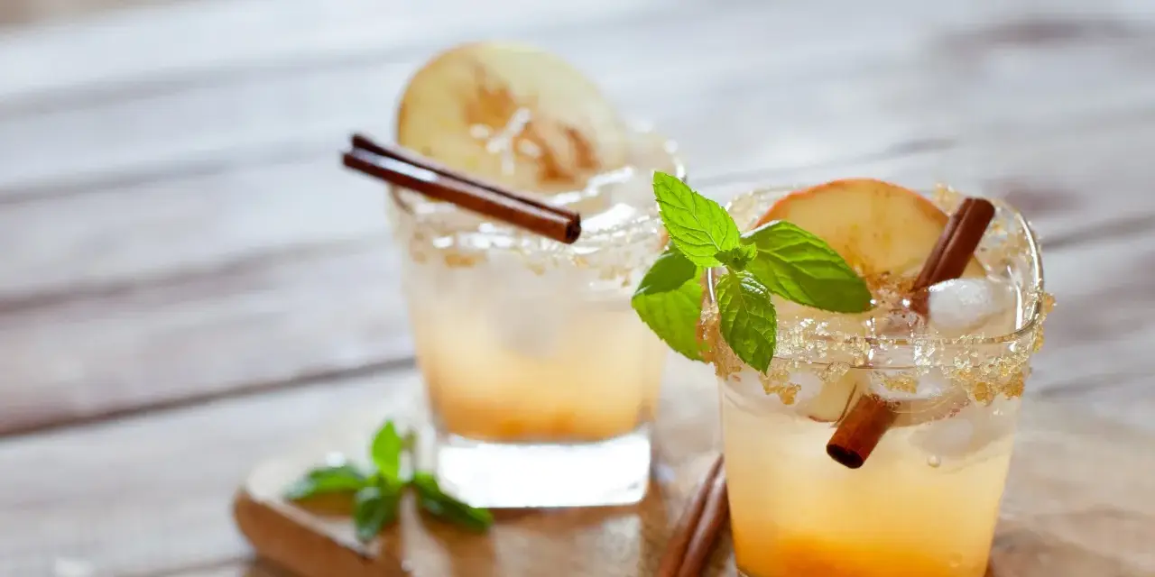 Zwei Gläser mit Eis, Apfelscheiben und Zimtstangen. Perfekt für den Sommer, wenn man Lust auf selbstgemachten Cider hat.