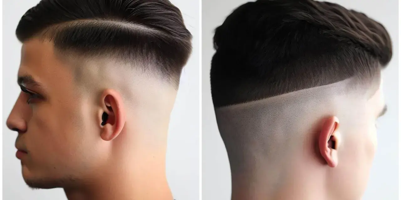 Dos estilos de corte de pelo masculino: uno con raya marcada y un corte taper fade suave, el otro con un corte taper fade más definido y lineal.