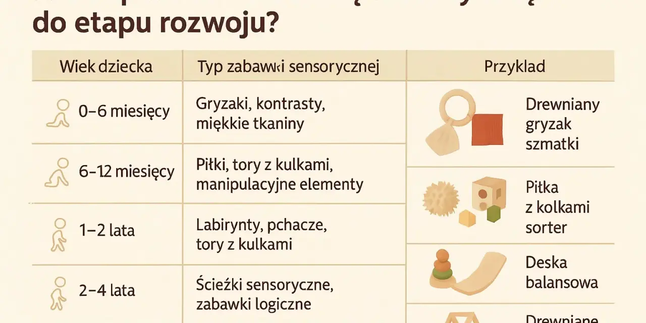 Tabela pokazuje, jak dopasować zabawki sensoryczne do wieku dziecka: od gryzaków dla niemowląt po zestawy SI dla starszych.