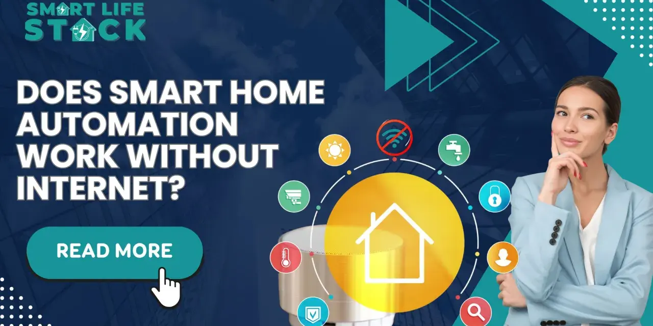 A woman ponders home automation without internet. Icons show a house, no Wi-Fi, sun, faucet, lock, person, and thermometer.