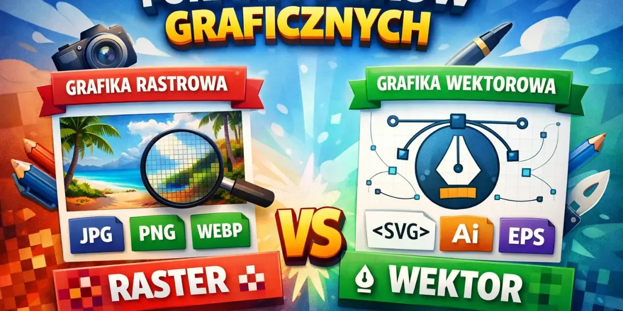 Porównanie formaty plików graficznych: rastrowa (JPG, PNG, WEBP) z plażą i lupą kontra wektorowa (SVG, Ai, EPS) z piórem graficznym.