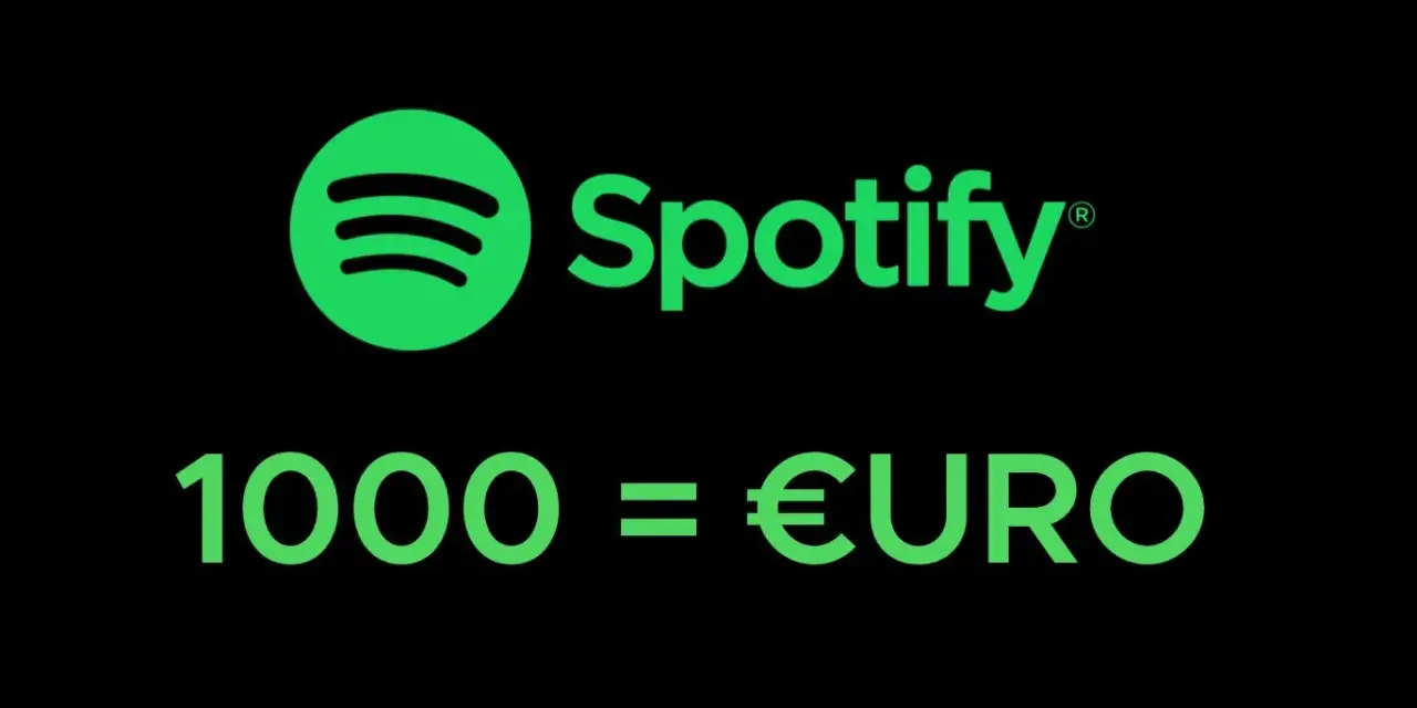 Spotify-Logo mit der Aussage "1000 = €URO". Ein Hinweis auf die Einnahmen pro 1000 Spotify streams.