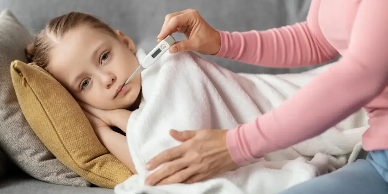 Dziecko leży pod kocem, a mama mierzy mu temperaturę. Wysoka gorączka u dziecka bez innych objawów martwi.