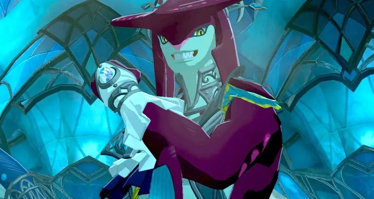 Sidon, el príncipe Zora, sonríe con confianza en la región de los Zora, con su armadura brillante y el fondo azul cristalino.