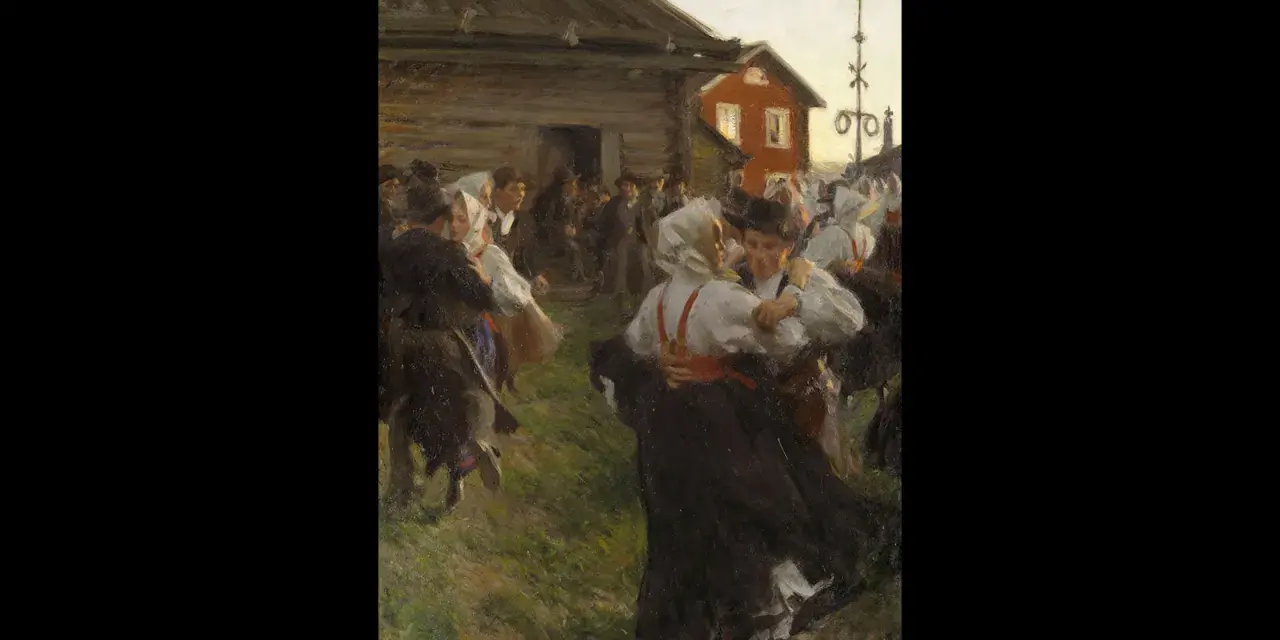 Zorns Midsommardans fångar glädjen i en folklig fest. Människor i folkdräkter dansar livligt utomhus vid en röd byggnad.