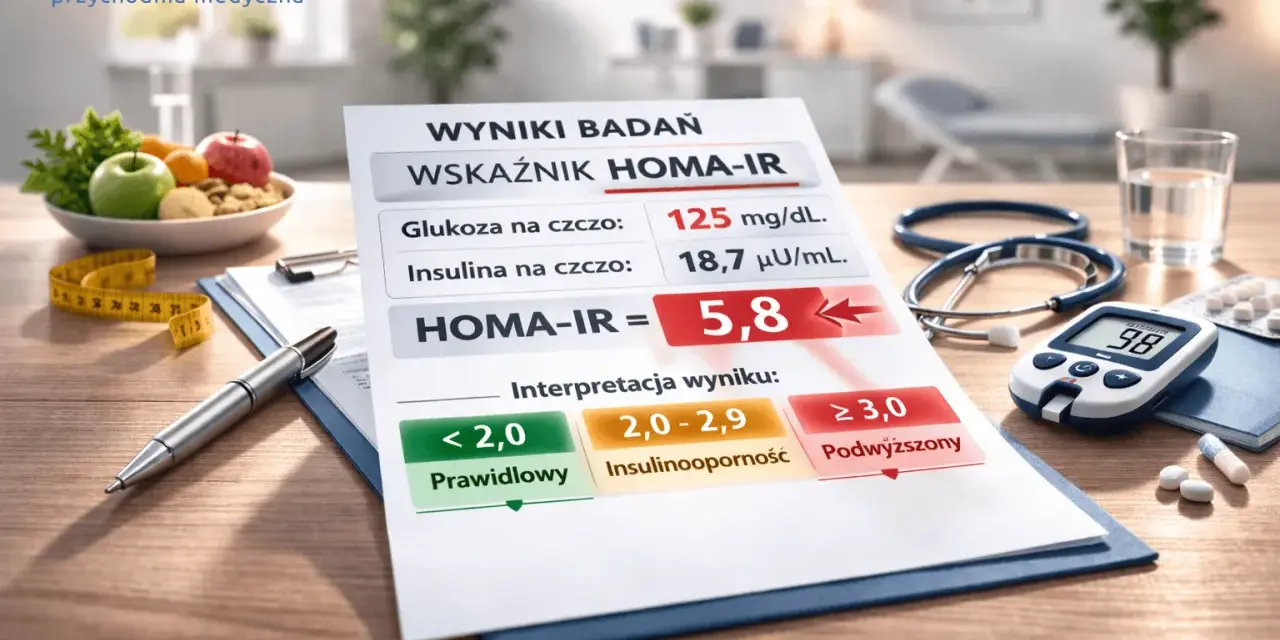 Wyniki badań HOMA-IR wskazują na podwyższony poziom insuliny na czczo, co może świadczyć o insulinooporności.