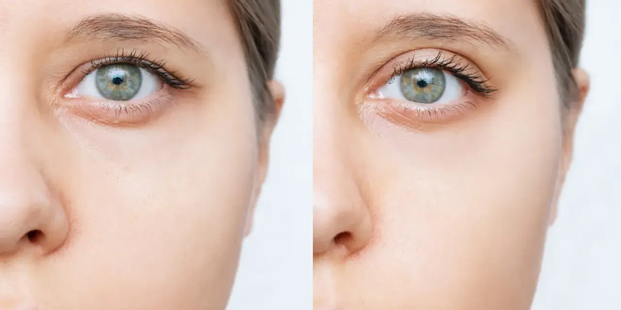 Przed i po zabiegu direct brow lift. Widoczne uniesienie brwi, odmłodzenie spojrzenia.
