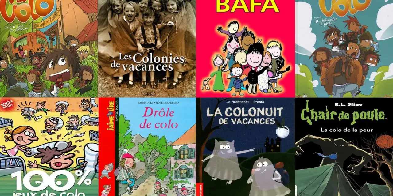 Bandes dessinées et livres pour enfants sur le thème des colonies de vacances, avec des illustrations variées allant de l'humour à l'effroi.