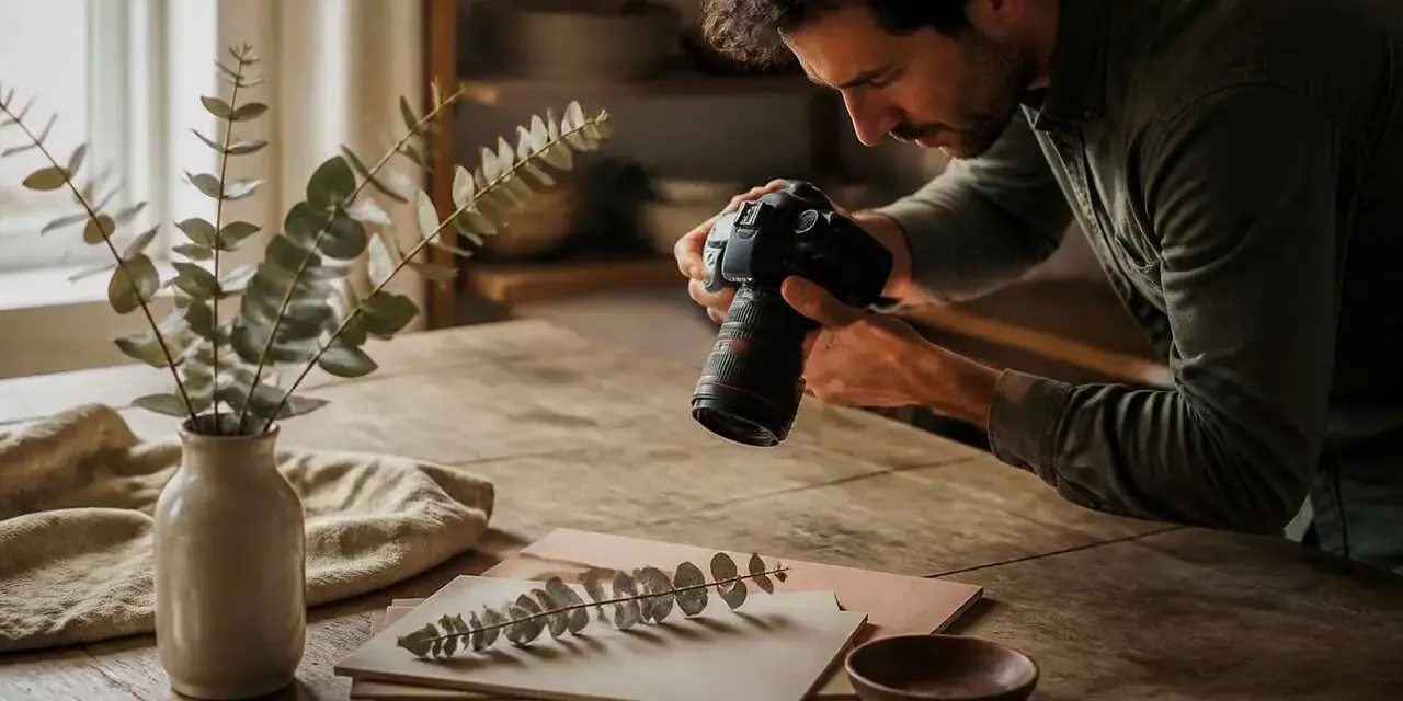 Un photographe capture une branche d'eucalyptus sur une table en bois. La liste thème photo inclut la nature morte et la photographie.