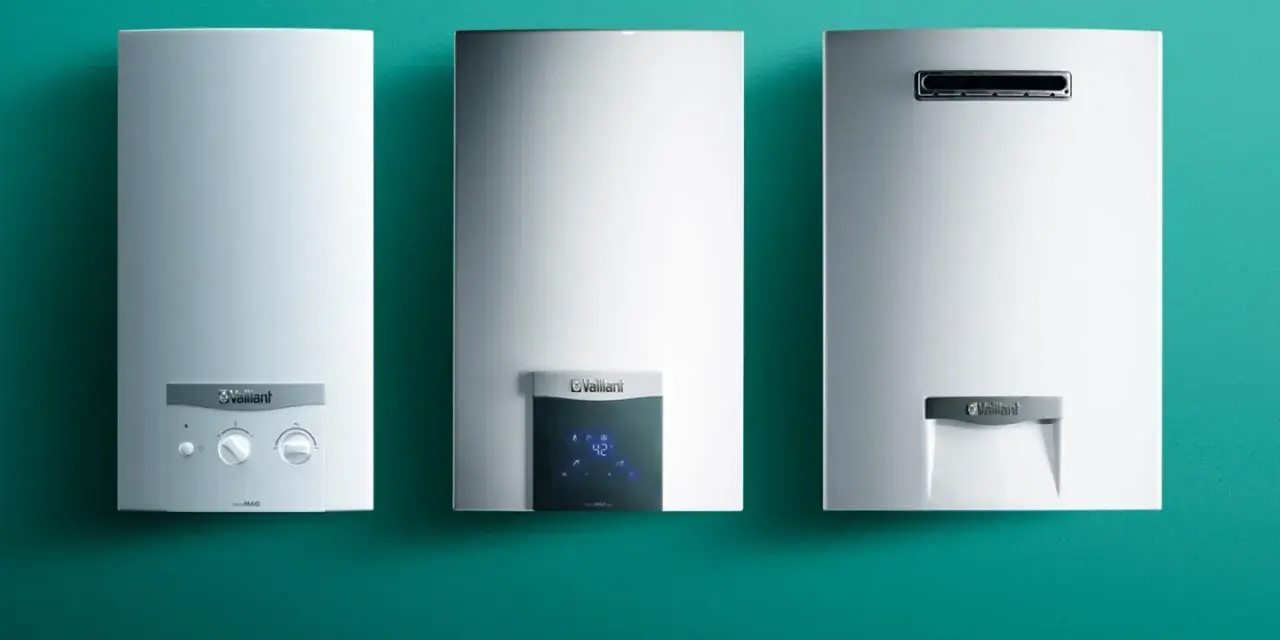 Tre scaldabagni a gas esterni Vaillant, pronti per l'installazione, con diversi pannelli di controllo.