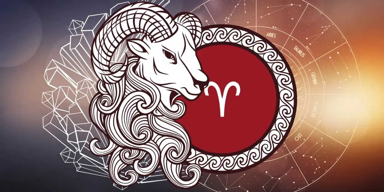Symbol 24.09 znak zodiaku Baran, stylizowana głowa barana, kryształy i koło zodiaku.