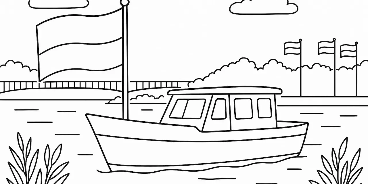 Prosty rysunek łodzi na wodzie z flagą i chmurami na tle.