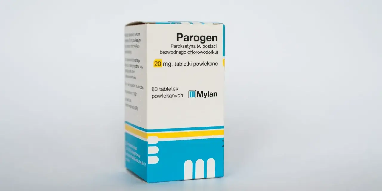 Opakowanie leku Parogen, zawierające 60 tabletek powlekanych paroksetyny 20 mg, od firmy Mylan.