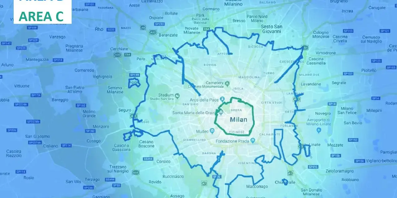 Mappa di Milano e hinterland con evidenziata l'area del blocco euro 5.