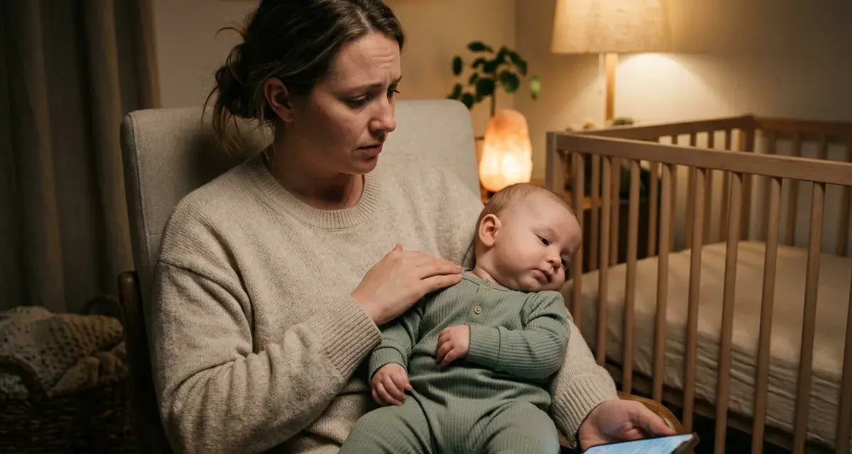 Zmęczona mama trzyma dziecko, które kiwa głową na boki. W tle łóżeczko i lampka.