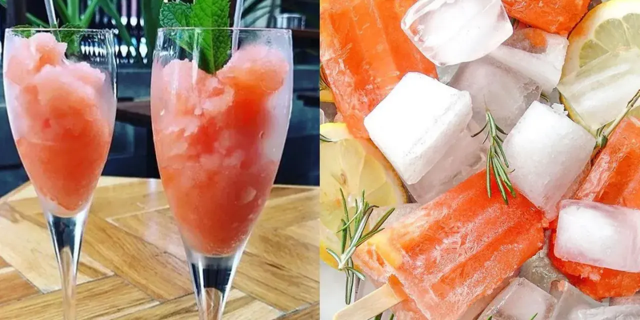 Erfrischendes Aperol Sorbet in Gläsern und als Eis am Stiel, garniert mit Minze, Zitrone und Rosmarin. Perfekt für heiße Tage!
