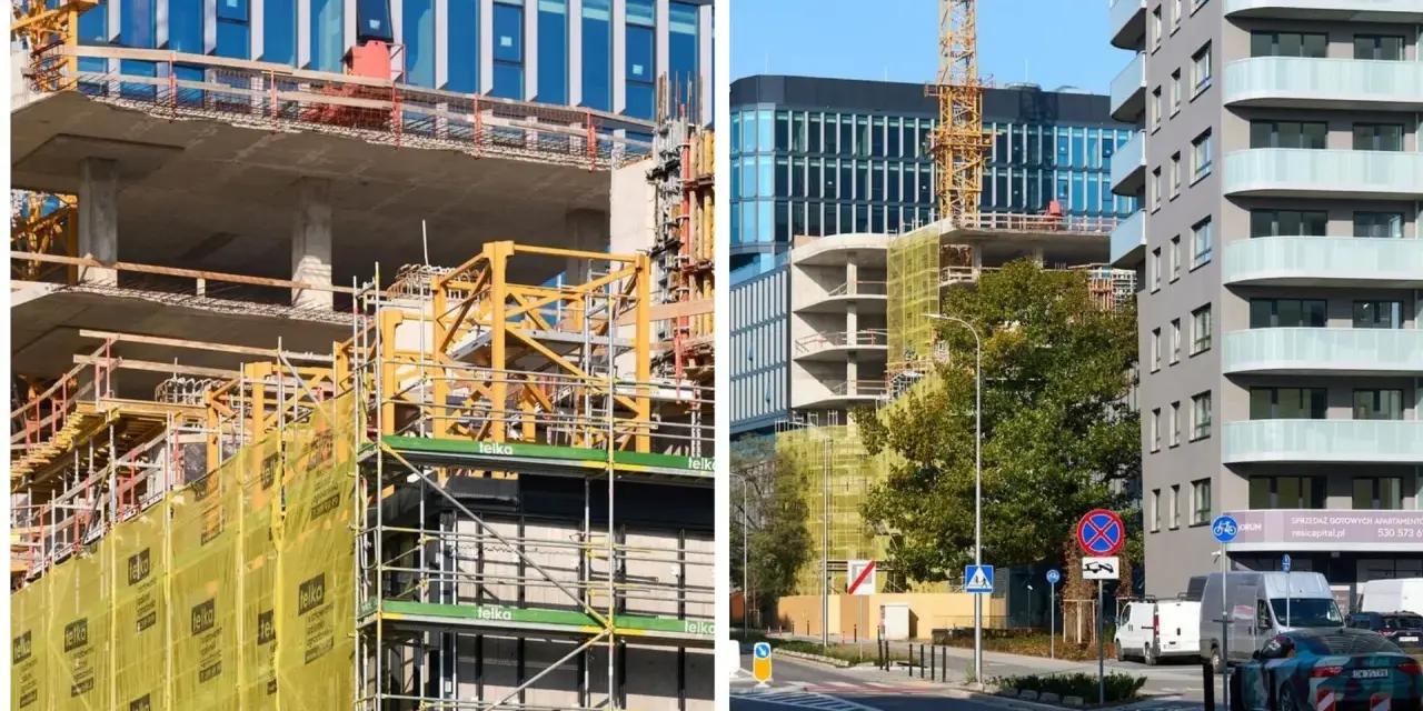 Budowa nowych bloków mieszkalnych we Wrocławiu. Widać rusztowania, dźwig i betonowe konstrukcje. Ceny mieszkań wrocław mogą być wysokie.