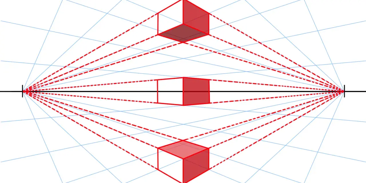Trois cubes rouges illustrent la perspective oblique, avec des lignes de fuite convergeant vers un point central sur l'horizon.