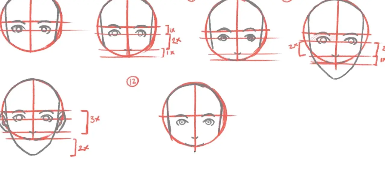 Un dibujo anime a lápiz muestra la construcción de rostros con guías rojas.