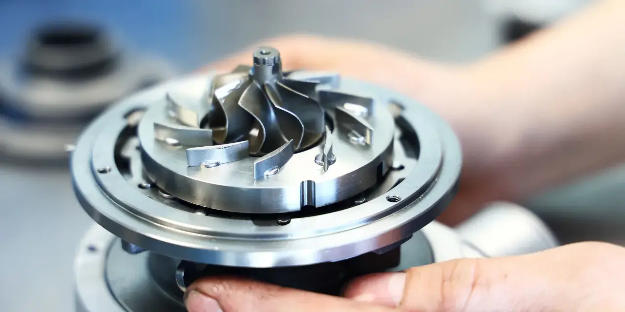 Zbliżenie na turbosprężarkę samochodową, którą trzymają dłonie mechanika.