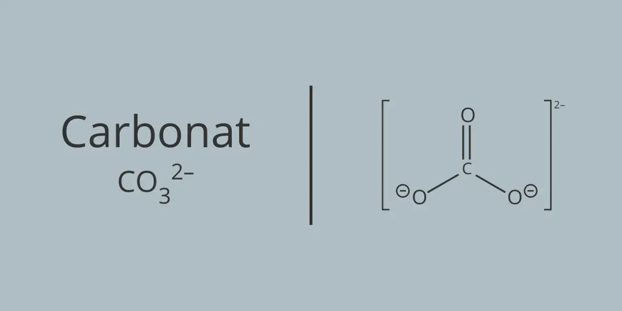 Das **Carbonat**-Ion (CO₃²⁻) mit seiner Lewis-Struktur, die ein zentrales Kohlenstoffatom zeigt, das doppelt an ein Sauerstoffatom und einfach an zwei weitere Sauerstoffatome gebunden ist, die jeweils eine negative Ladung tragen.