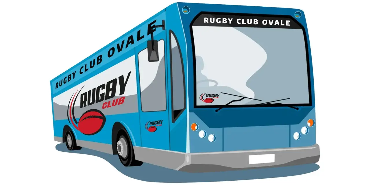 Bus bleu du Rugby Club Ovale, prêt pour le transport des joueurs. Autorisation de transport club sportif validée !