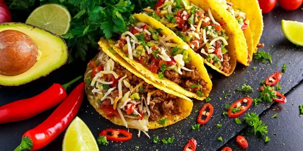 Pyszne tacos w stylu tex-mex, z mielonym mięsem, serem, pomidorami i awokado, podane z limonką i papryczkami chili.
