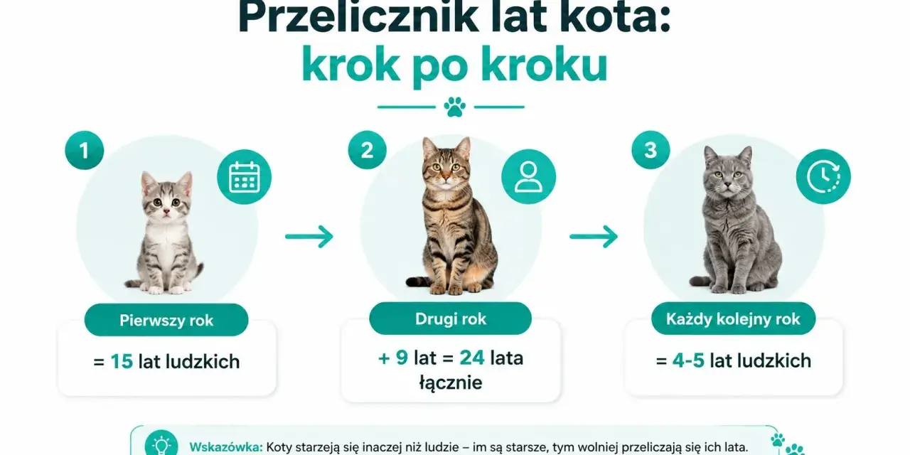 Kociak, młody kot i dorosły kot pokazują, jak przeliczyć wiek kota na ludzkie lata. Pierwszy rok to 15 lat, drugi to 24, a każdy kolejny to 4-5 lat.